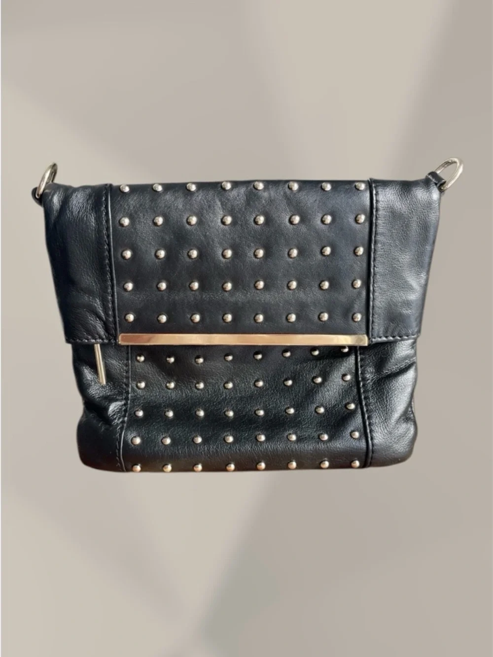 Danier | Black Studded Leather HandBag, Silver Strip Detail, Magnet Closure - Picture 13 of 14